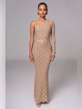 JLUXLABEL One-Shoulder Taupe Knit Belted Maxi Dress